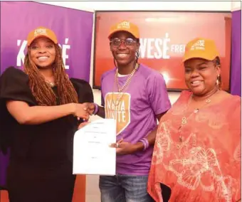  ??  ?? General Manager, Kwesé Free Sports Nigeria, Chichi Nwoko; African Women’s Footballer of the Year, Asisat Oshoala; and General Manager, Kwesé TV, Elizabeth Amkpa during the signing of Asisat Oshoala as Kwesé Free Sports brand ambassador at Kwesé office...