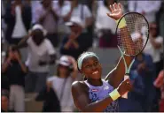  ?? MICHEL EULER — THE ASSOCIATED PRESS ?? Coco Gauff celebrates winning her French Open semifinal against Martina Trevisan, 6-3, 6-1, on June 2in Paris.