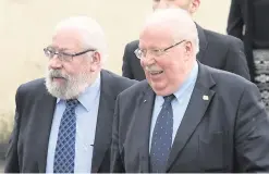  ??  ?? Clockwise from main picture: Funeral of Glen Barr (inset left) at Ebrington Presbyteri­an Church yesterday; DUP MP Gregory Campbell; UTV presenter Paul Clark, and William McCarter (left) and John McCarter