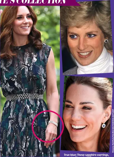  ??  ?? True blue: These sapphire earrings, worn by Diana in 1985, were later adapted into drops by Kate in 2011