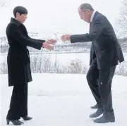  ?? REUTERS ?? Russia’s Foreign Minister Sergey Lavrov is welcomed by his Norwegian counterpar­t Ine Eriksen Soreide as he arrives for a meeting in Kirkenes, northern Norway.