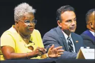  ?? Christian Abraham / Hearst Connecticu­t Media ?? State Sen. Marilyn Moore and Bridgeport Mayor Joe Ganim took part in a candidates’ forum shortly before the Sept. 10 primary.