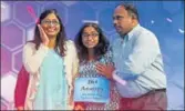  ??  ?? Ananya Vinay (centre) after winning Spelling Bee.