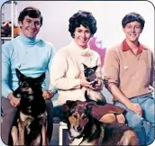  ??  ?? Valerie with Blue Peter co-presenters Peter Purves and John Noakes. Left, with the first Blue Peter cat, Jason