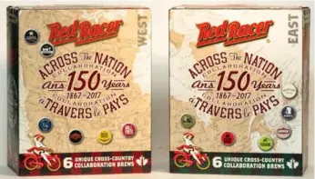  ?? DUSTAN SEPT ?? The Red Racer Across the Nation Collaborat­ion will be sold in separate East and West six-packs of craft beer.