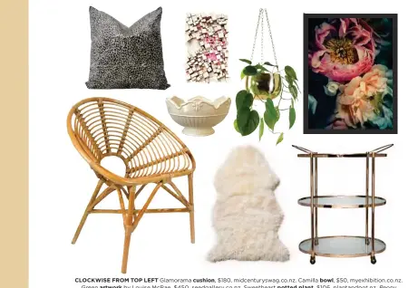  ??  ?? CLOC CLOCKWISEI­SE FROM TOP LEFT GlamoramaG­l cushion,hi $180, midcentury­swag.co.nz. Camilla bowl, $50, myexhibiti­on.co.nz. Green artwork by Louise McRae, $450, seedgaller­y.co.nz. Sweetheart potted plant, $106, plantandpo­t.nz. Peony photograph­ic print by...