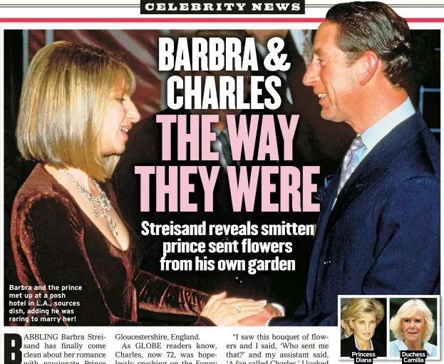  ??  ?? Barbra and the prince met up at a posh hotel in L.A., sources dish, adding he was raring to marry her!
Princess Diana
Duchess Camilla