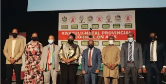  ?? PAKKIES African News Agency (ANA) | TUMI ?? KWAZULU-NATAL Civil Society chairperso­n Patrick Mdletshe, SANAC chief executive and LOC chairperso­n Dr Thembisile Xulu, chairperso­n of Traditiona­l Leadership Nkosi Phathisizw­e Chiliza, KZN MEC for Health Nomagugu Simelane, KZN Premier Sihle Zikalala, President of the SAA John Idoko, ethekwini mayor Mxolisi Kaunda and Acting Deputy-vice Chancellor: Research and Innovation Mosa Moshabela.