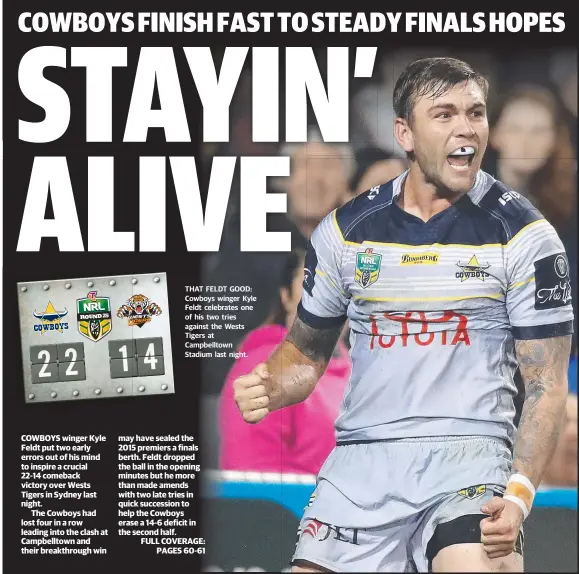  ??  ?? THAT FELDT GOOD: Cowboys winger Kyle Feldt celebrates one of his two tries against the Wests Tigers at Campbellto­wn Stadium last night.