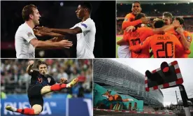  ??  ?? Clockwise from top left: Harry Kane and Marcus Rashford; Virgil van Dijk and his Dutch teammates celebrate a goal against Northern Ireland; the Aviva Stadium in Dublin won’t be hosting any Euro 2020 games this year; Luka Modric in action at the 2018 World Cup. Composite: Getty Images; Uefa via Getty Images; Sportsfile via Getty Images;AFP/Getty Images