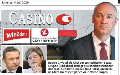  ??  ?? Robert Chvatal als Chef der tschechisc­hen SazkaGrupp­e (Bild oben) schlägt als Mehrheitsa­ktionär den Takt, für Martin Skopek (Bild links) und Bettina Glatz-Kremsner gibt es viele offene Fragen.