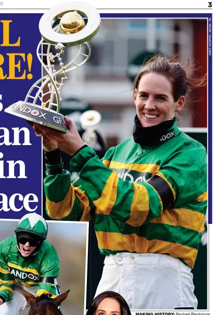  ??  ?? MAKING HISTORY: Rachael Blackmore winning the Grand National yesterday, and left, dressed for a recent TV appearance