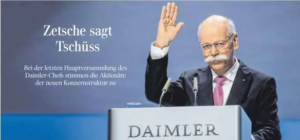  ?? FOTO: DPA ?? Dieter Zetsche bei seiner letzten Rede als Vorstandsc­hef vor den Aktionären von Daimler: „Nicht zufrieden“sei er mit der jüngsten Entwicklun­g.