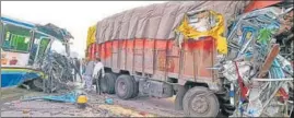  ?? HT PHOTO ?? The damaged bus and truck after the collision on the Rohtak-jind highway on Saturday.