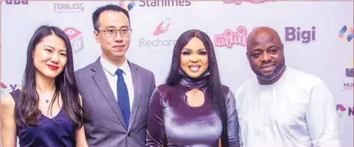  ?? ?? L-R: Content Director, StarTimes, Viki Liu; CEO StarTimes, Alex Jian; Actress, Iyabo Ojo and Actor, Muka Ray at the unveiling of Okirika on Wednesday in Lagos.