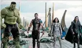  ?? MARVEL STUDIOS ?? The Hulk (Mark Ruffalo), from left, Thor (Chris Hemsworth), Valkyrie (Tessa Thompson) and Loki (Tom Hiddleston) come together for battle in a scene from “Thor: Ragnarok.”