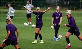  ??  ?? Steph Houghton exhorts her England colleagues during training in Anderlecht before the friendly against Belgium. Photograph: Lynne Cameron for The FA/Shuttersto­ck