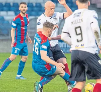  ??  ?? Scott Allardice was red-carded for this challenge on Dundee’s Charlie Adam.