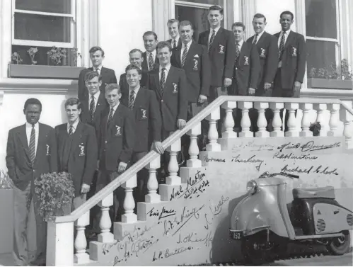  ??  ?? Robin, second from l eft, never far from a scooter, DKR evident during 1959- 60 football tour, Carnegie College to Guernsey CI.