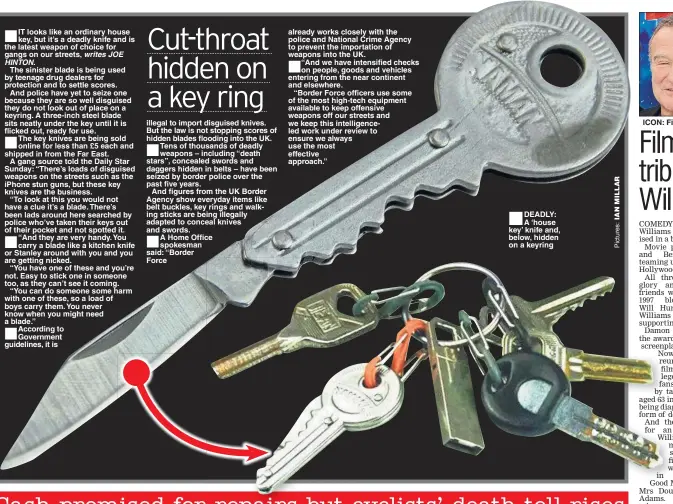  ??  ?? HINTON. writes JOE DEADLY: A ‘house key’ knife and, below, hidden on a keyring ICON: Film legend Robin