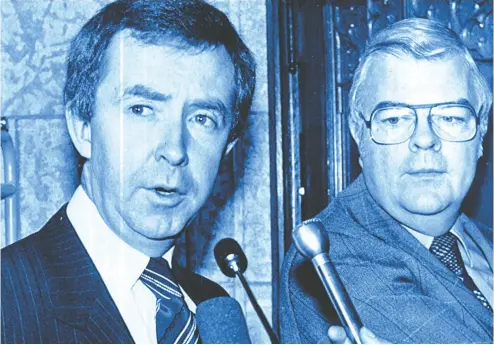  ?? Postmedia news ?? John Crosbie, right, is seen in an undated photograph with Joe Clark, in whose short-lived Progressiv­e Conservati­ve government of 1979 Crosbie served as finance minister.