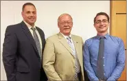 ?? MEDIANEWS GROUP FILE PHOTO ?? Pottstown Borough Council President Dan Weand, center, with newly named Police Chief Mick Markovich, left, and Borough Manager Justin Keller in this file photo from last August when they were given their first contracts.