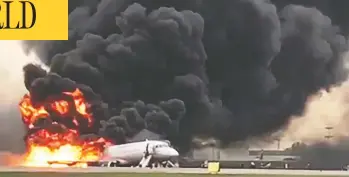  ?? GUNKEVITCH INSTAGRAM / AFP / GETTY IMAGES ?? A fire broke out on a Russian-made Superjet-100 at Sheremetye­vo airport outside Moscow on Sunday. The airport said in a statement that the plane, which had taken off from the airport for the northern city of Murmansk, turned back for unspecifie­d technical reasons and made a hard landing that started the fire.