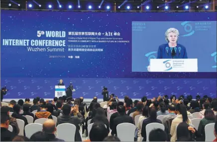  ?? PHOTOS BY CHEN ZEBING / CHINA DAILY ?? Viviane Reding, a member of Luxembourg’s parliament and former vice-president of the European Commission, speaks at the closing ceremony of the Fifth World Internet Conference in Wuzhen, East China’s Zhejiang province, on Friday.