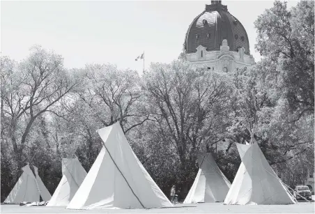  ??  ?? Teepees remain at the Justice for Our Stolen Children camp near the Saskatchew­an legislativ­e building in Regina.