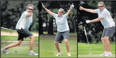  ?? PHOTOS BY JIM WEBER/THE COMMERCIAL APPEAL ?? M.V. Horne enthusiast­ically cheers for her teammates during a small scramble tournament on Sunday, the last official day of play at Colonial Country Club’s North Course. The country club is planning to turn the 18-hole North Course into houses and apartments and is upgrading the renowned South Course.