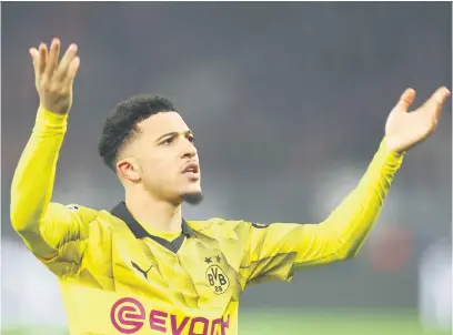  ?? Picture: Getty Images ?? OVERDUE. Borussia Dortmund’s Jadon Sancho celebrates after scoring a goal during the second leg of their Champions League last-16 match against PSV Eindhoven in Dortmund on Wednesday.