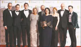  ?? Joel C Ryan / Associated Press ?? From left, Callum McDougall, Charles Chapman, George Mackay, Jayne-Ann Tenggren, Sam Mendes, Pippa Harris, Krysty Wilson-Cairns, Mark Strong and Andrew Scott, winners of Best Film for “1917,” backstage at the Bafta Film Awards.