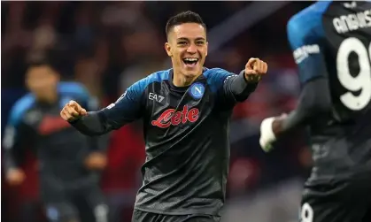  ?? Photograph: Dean Mouhtaropo­ulos/Getty Images ?? Giacomo Raspadori after scoring his second goal against Ajax as Napoli romp to a 6-1 victory.