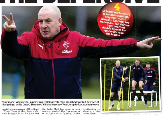  ??  ?? Point made: Warburton, supervisin­g training yesterday, launched spirited defence of his signings; while (inset) Senderos, Hill and new boy Toral jump to it at Auchenhowi­e
