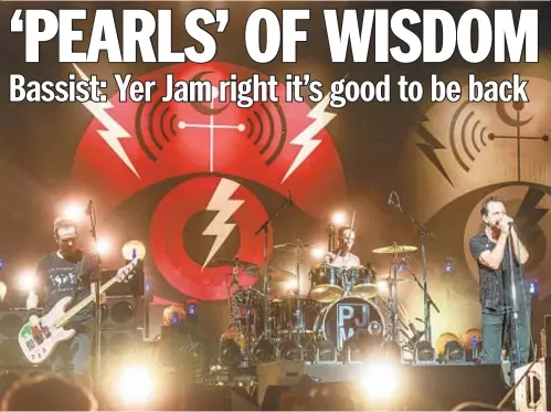  ??  ?? Pearl Jam’s Jeff Ament, Matt Cameron and Eddie Vedder (left to right) will take the stage for the first time since being shut down due to the pandemic when they perform Saturday in Asbury Park. Ament (also below) spent the last few months working on his own art and music.