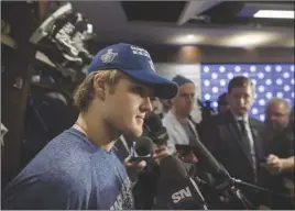  ?? The Canadian Press ?? Toronto Maple Leafs forward William Nylander speaks to reporters in Toronto in April. Today is the deadline for Nylander to be signed — or traded and signed — in order to be eligible to play in the NHL this season.