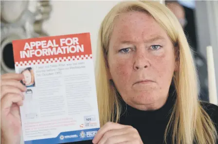  ??  ?? Sharon Henderson, mum of Nikki Allan, left, with one of the leaflets police will be handing out to fans tomorrow.