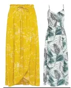  ??  ?? Left: Principles yellow jungle print midi skirt, £25, Debenhams Right: White and green palm print tie back midi dress, £59, Sosandar