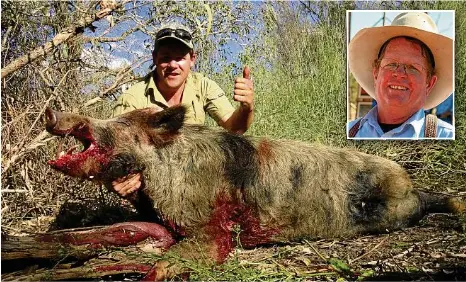  ?? PHOTOS: CONTRIBUTE­D ?? ABOVE: Boar hunter Luke Tonks with a feral pig he caught with dogs. The Mt Isa man does not believe the $5 snout bounty will attract more hunters to the industry. INSET: Boulia Mayor Rick Britton.