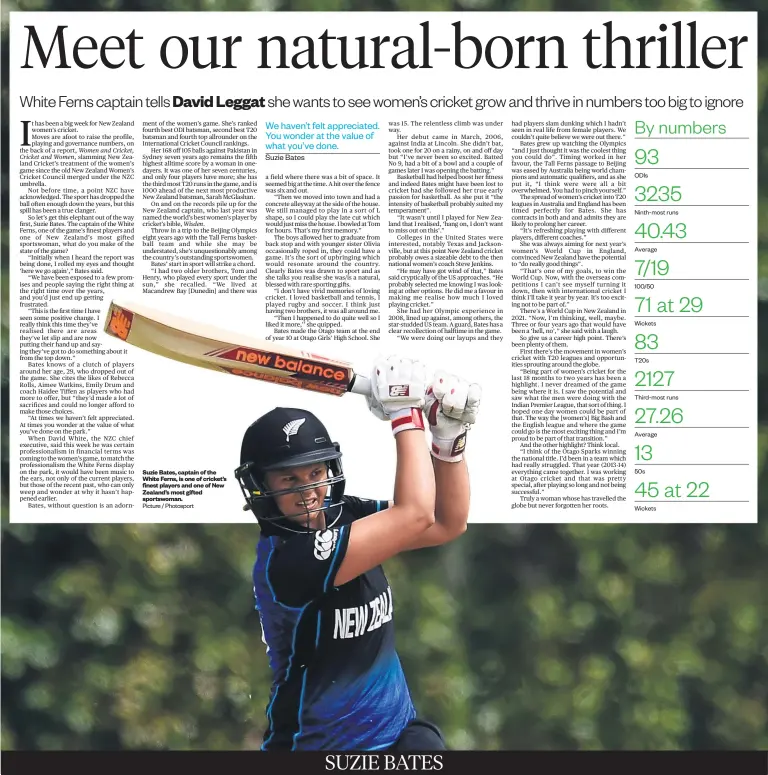  ?? Picture / Photosport ODIs Ninth- most runs Average 100/ 50 Wickets T20s Third- most runs Average 50s Wickets ?? Suzie Bates, captain of the White Ferns, is one of cricket’s finest players and one of New Zealand’s most gifted sportswoma­n.