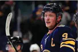 ?? Associated Press photo ?? In this Dec. 10, 2019, file photo, Buffalo Sabres captain Jack Eichel (9) looks on during the third period of an NHL hockey game against the St. Louis Blues, in Buffalo, N.Y.