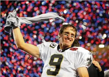  ?? ALLEN EYESTONE / THE PALM BEACH POST ?? Drew Brees celebrates after New Orleans beat Indianapol­is in Super Bowl XLIV. The Dolphins decided in 2006 not to sign Brees, who started his NFL career with the Chargers before joining the Saints.