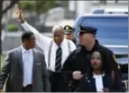  ?? COREY PERRINE — THE ASSOCIATED PRESS ?? Bill Cosby arrives for his sexual assault trial, waving to fans he’s okay, after nearly stumbling from the SUV he arrived in, at the Montgomery County Courthouse, Thursday in Norristown.