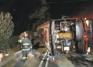  ?? San Francisco Fire Department ?? Crews respond after a bus overturned on Highway 101 just north of Cesar Chavez Boulevard in S.F.