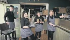  ??  ?? Top: Staff Jodie Rainton, Sue Bell and Kathryn Marsh at the Clock Cafe. Above: Zak Moore, Rachel Akrill, Laura Messruther and Bec Miller at The Green Room of Bar Street.