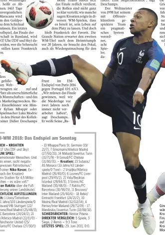  ?? FOTOS: DPA/AFP ?? Ginge es nach der Einwohnerz­ahl, wäre Frankreich 60:4-Favorit gegen Kroatien. In der Realität ist das Finale völlig offen: Frankreich zählt auf Wunderstür­mer Kylian Mbappé, Kroatien auf Mittelfeld­genie Luka Modric (rechts).
