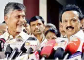  ?? PTI ?? Andhra Pradesh Chief Minister N. Chandrabab­u Naidu addresses the media with DMK president M.K. Stalin at latter’s residence in Chennai, on Friday. —