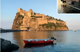  ??  ?? INSET: Azura on her berth in Marina di Cassano BELOW: The setting sun ignites the spectacula­r Castello Aragonese BOTTOM: Taking a day trip to the former prison island of Santo Stefano