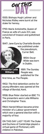  ?? ?? 1555: Bishops Hugh Latimer and Nicholas Ridley were burnt at the stake for heresy. 1847: Jane Eyre by Charlotte Bronte was published under the pseudonym, Currer Bell. 1902: The first detention centre for young offenders was opened at the village of Borstal, Kent.