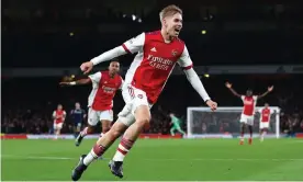  ?? Marc Atkins/Getty Images ?? Emile Smith Row celebrates scoring Arsenal’s third goal against Aston Villa. Photograph: